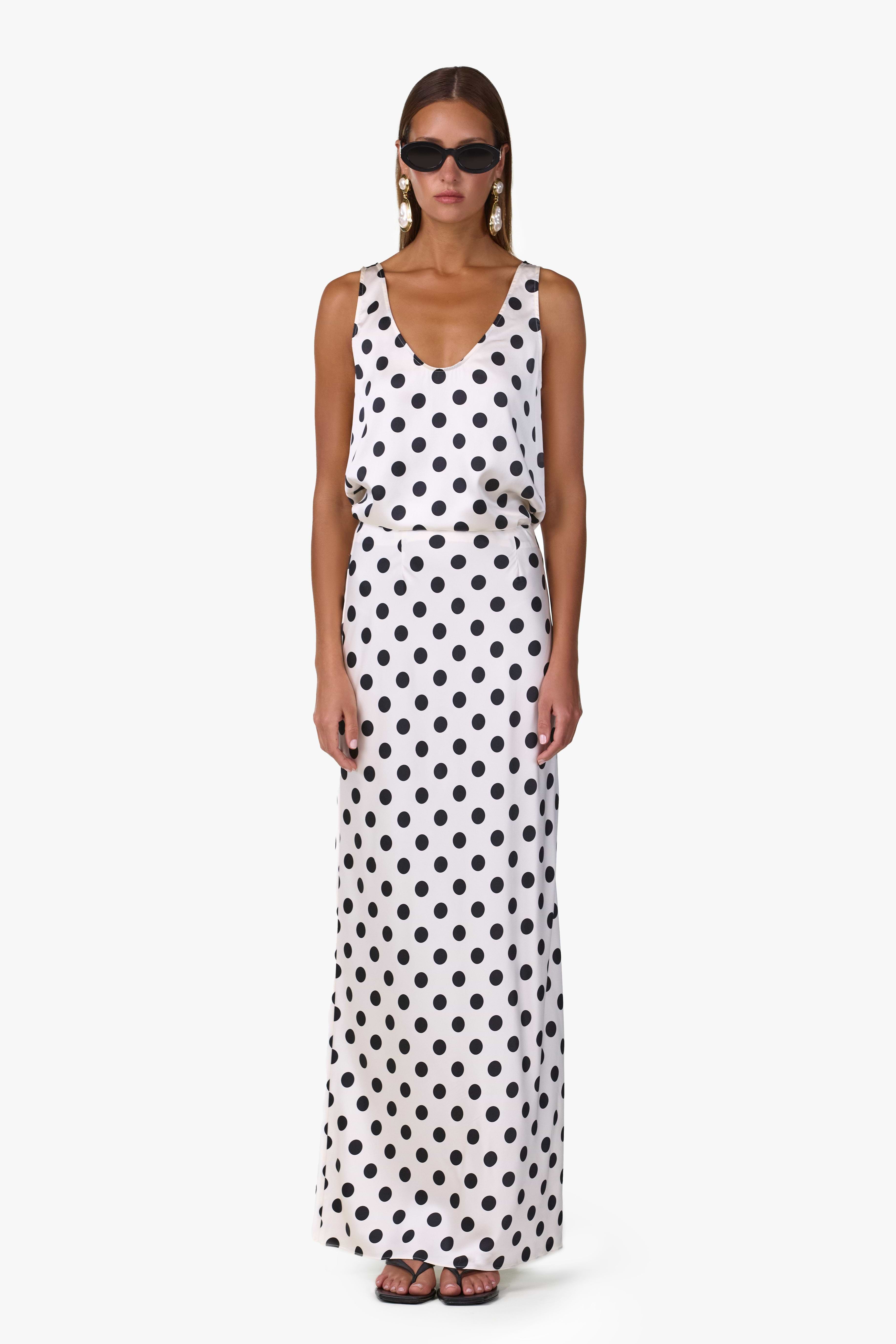 Silk Maxi Skirt (Cream Polka Dot)