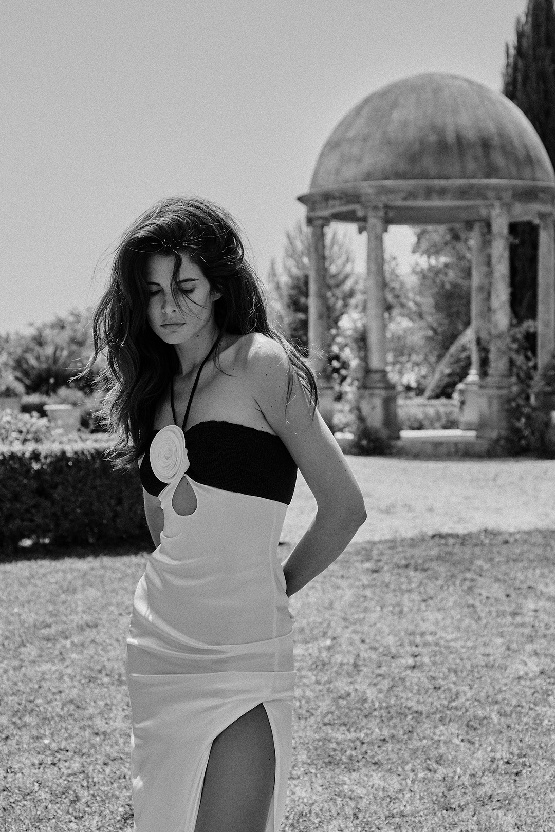 Rosette Silk Dress (Cream/Black)