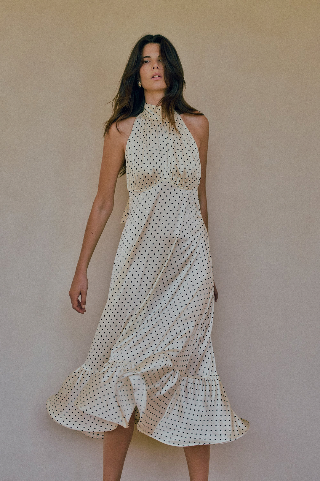 Halter Flounce Midi Dress (Cream Polka Dot)