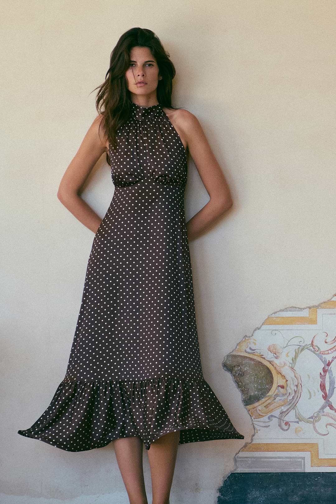 SAME Halter Flounce Midi Dress | Brown Polka Dot | Women's Dress XS / Brown Cream Polka Dot SAME Halter Flounce Midi Dress | Brown Polka Dot | Women's Dress XS / Brown Cream Polka Dot
