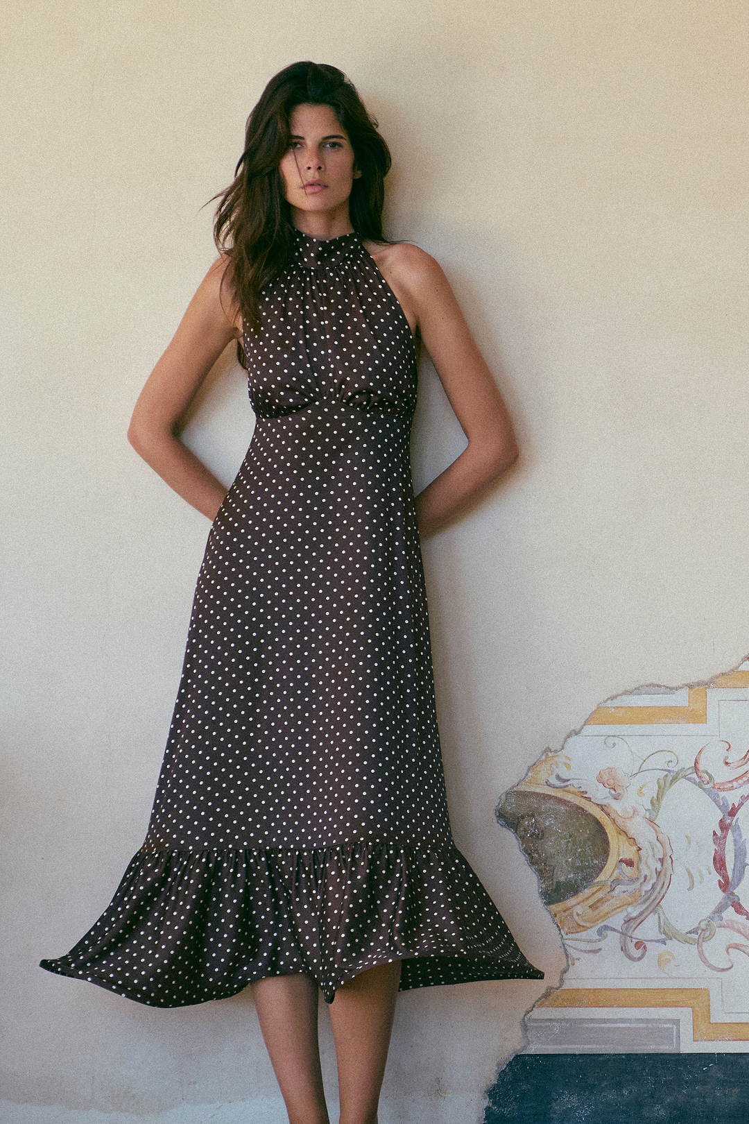 Halter Flounce Midi Dress (Brown Polka Dot)