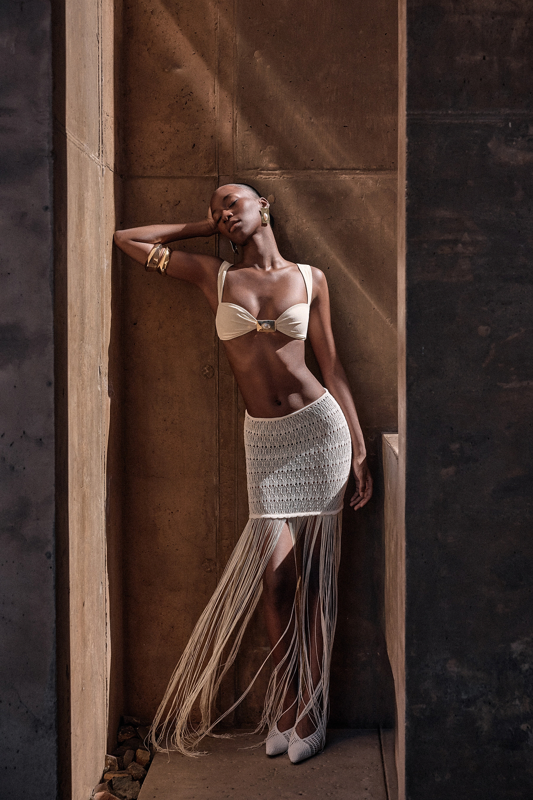 Fringe Knit Maxi Skirt (Cream)