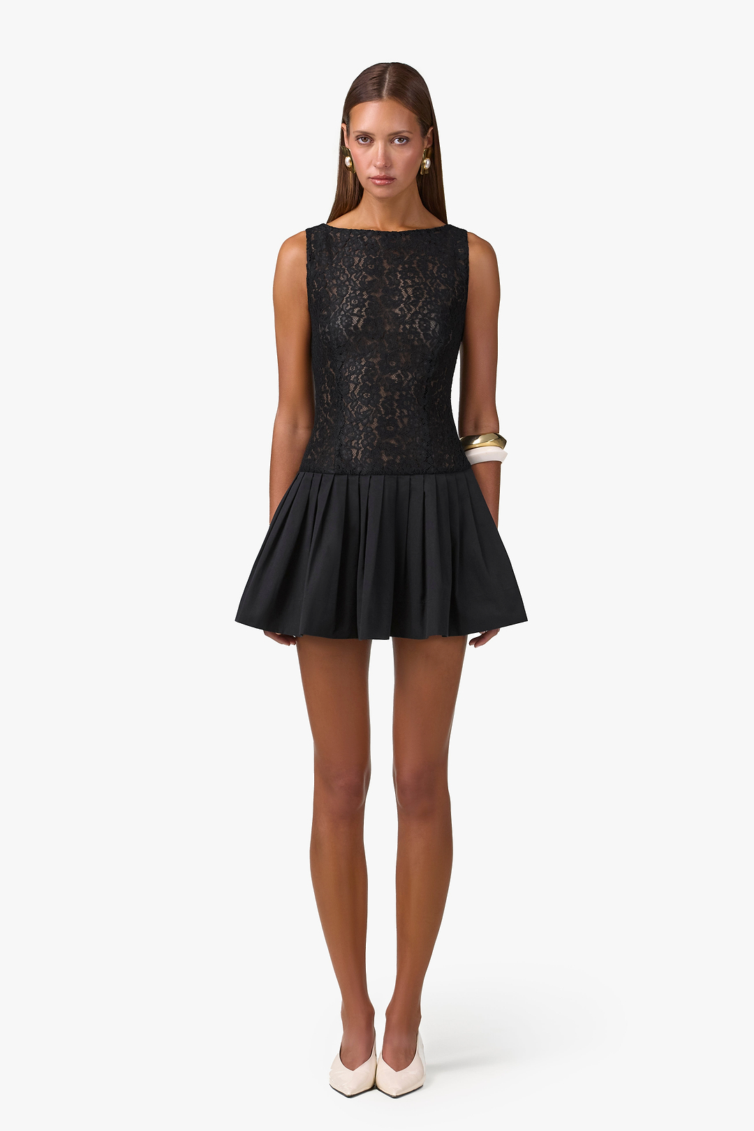 Lace Poplin Mini Dress (Black)