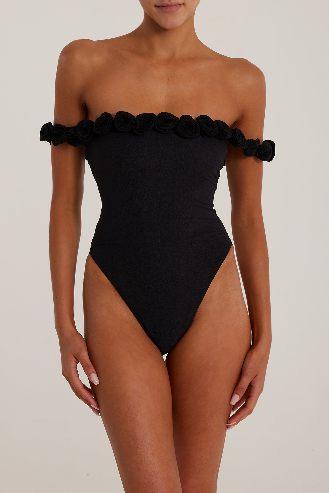 Rosette Off Shoulder One Piece (Faux Suede Black/Black)