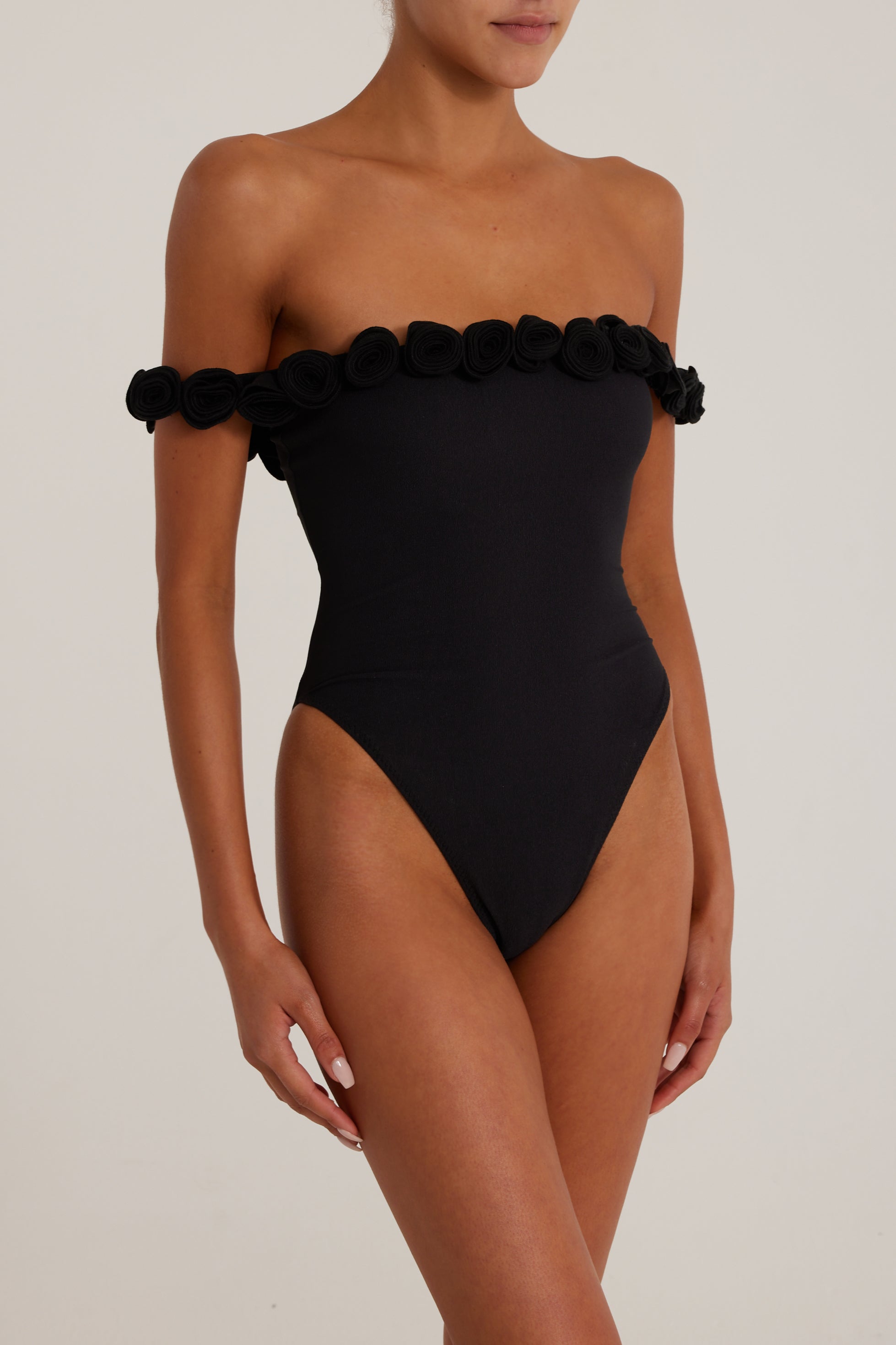 SAME Rose Off Shoulder One Piece | Faux Suede Black/Black