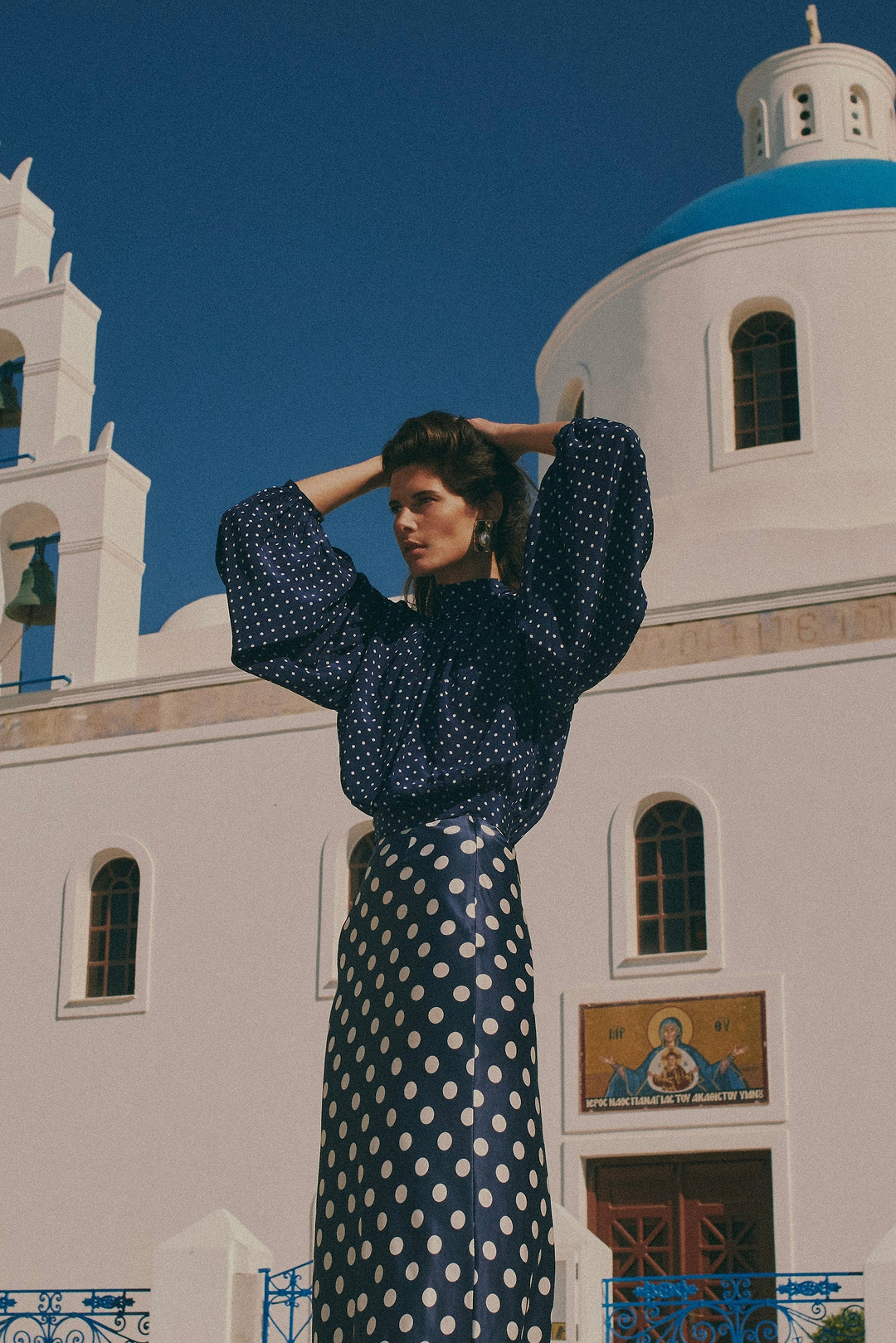 Draped Sleeve Chiffon Top (Navy Cream Polka Dot)