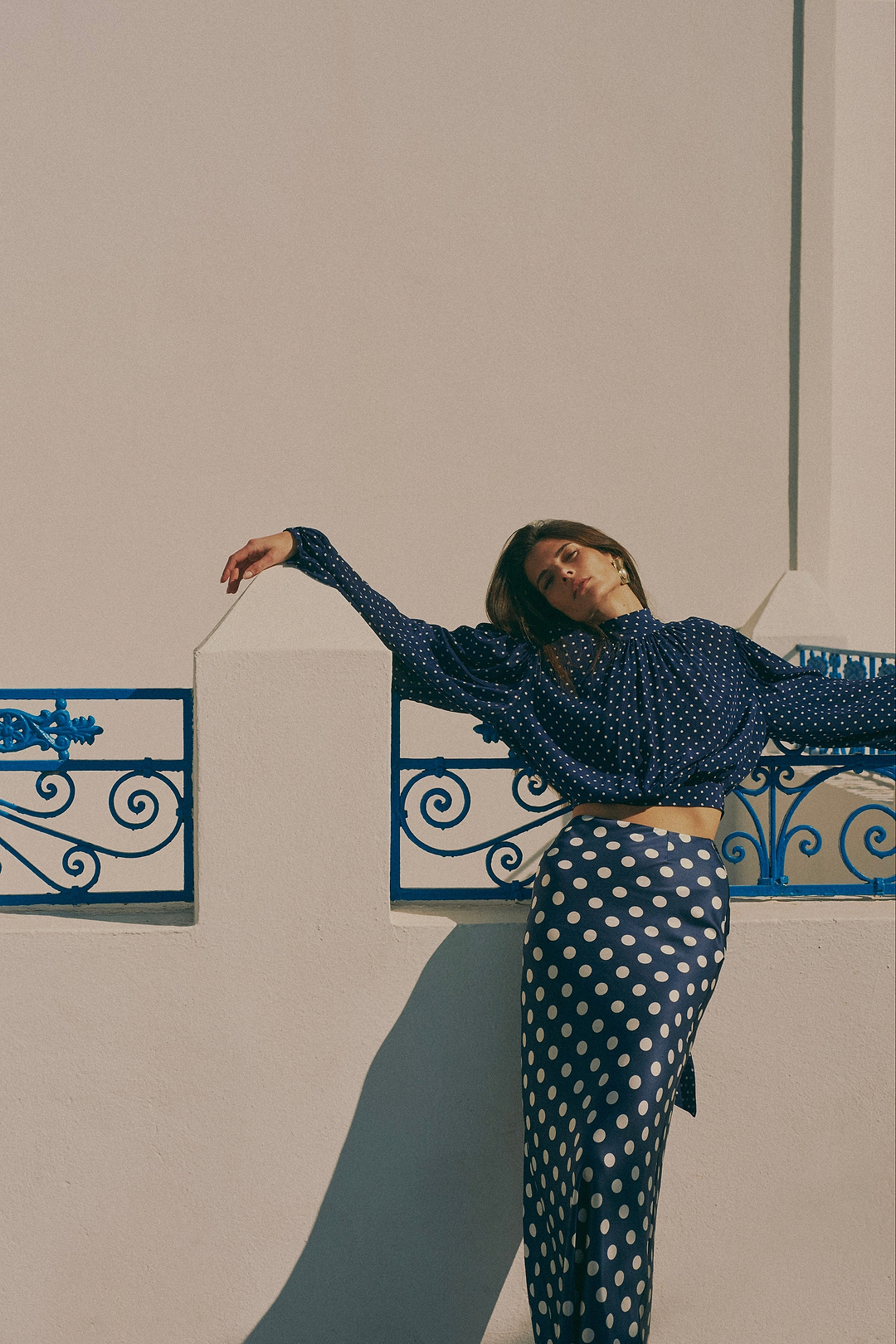 Draped Sleeve Chiffon Top (Navy Cream Polka Dot)