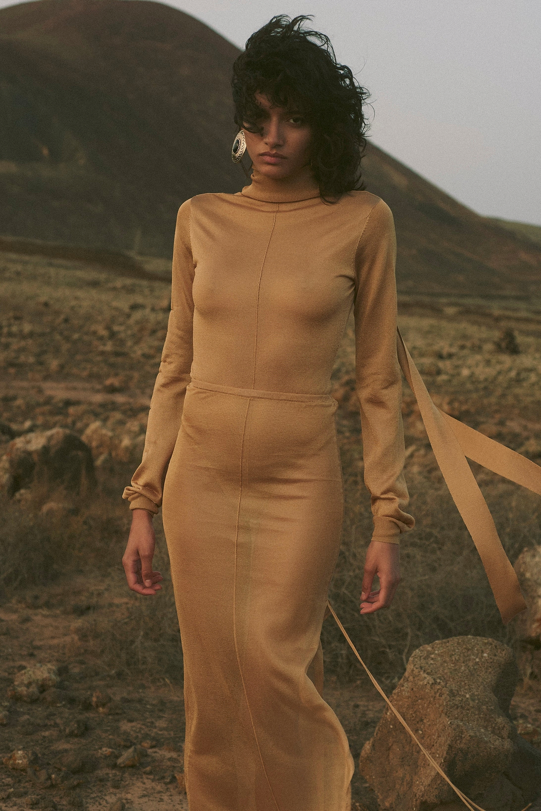 Ruched Knit Maxi Skirt (Gold)