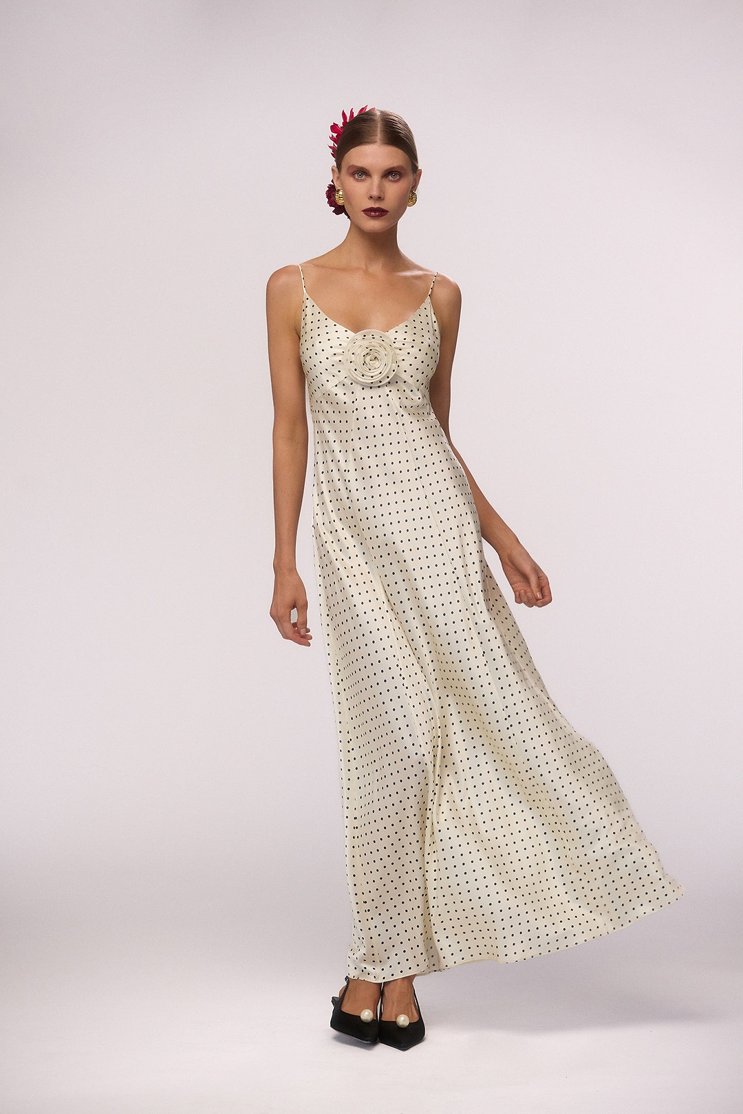 Deep V Rosette Gown (Cream Polka Dot)