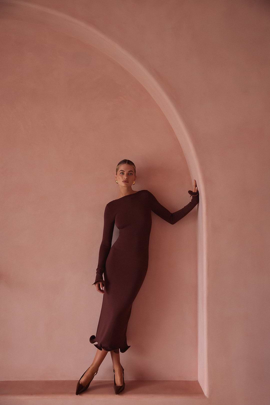 SAME Ruffle Hem Midi Dress | Chocolate Brown/Brown Lurex | Women's Knit Dress L / Chocolate Brown/Brown Lurex SAME Ruffle Hem Midi Dress | Chocolate Brown/Brown Lurex | Women's Knit Dress L / Chocolate Brown/Brown Lurex