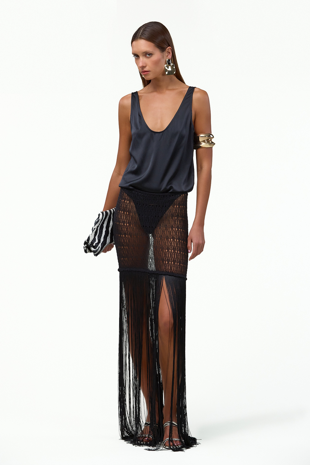 Fringe Knit Maxi Skirt (Black)