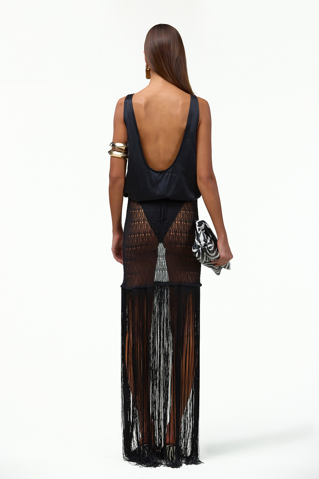 Fringe Knit Maxi Skirt (Black)