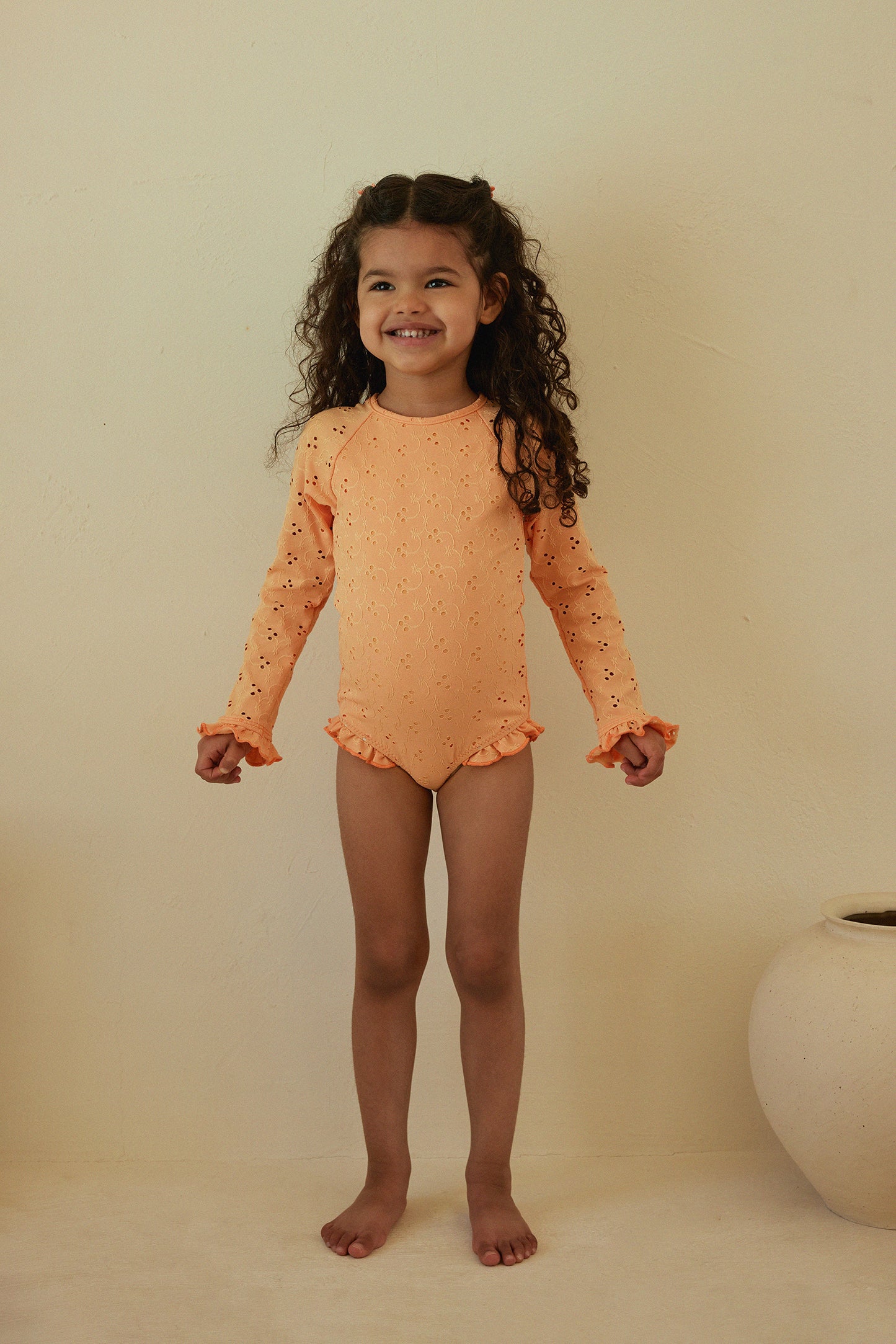 ruffle rashguard one piece (peach eyelet)