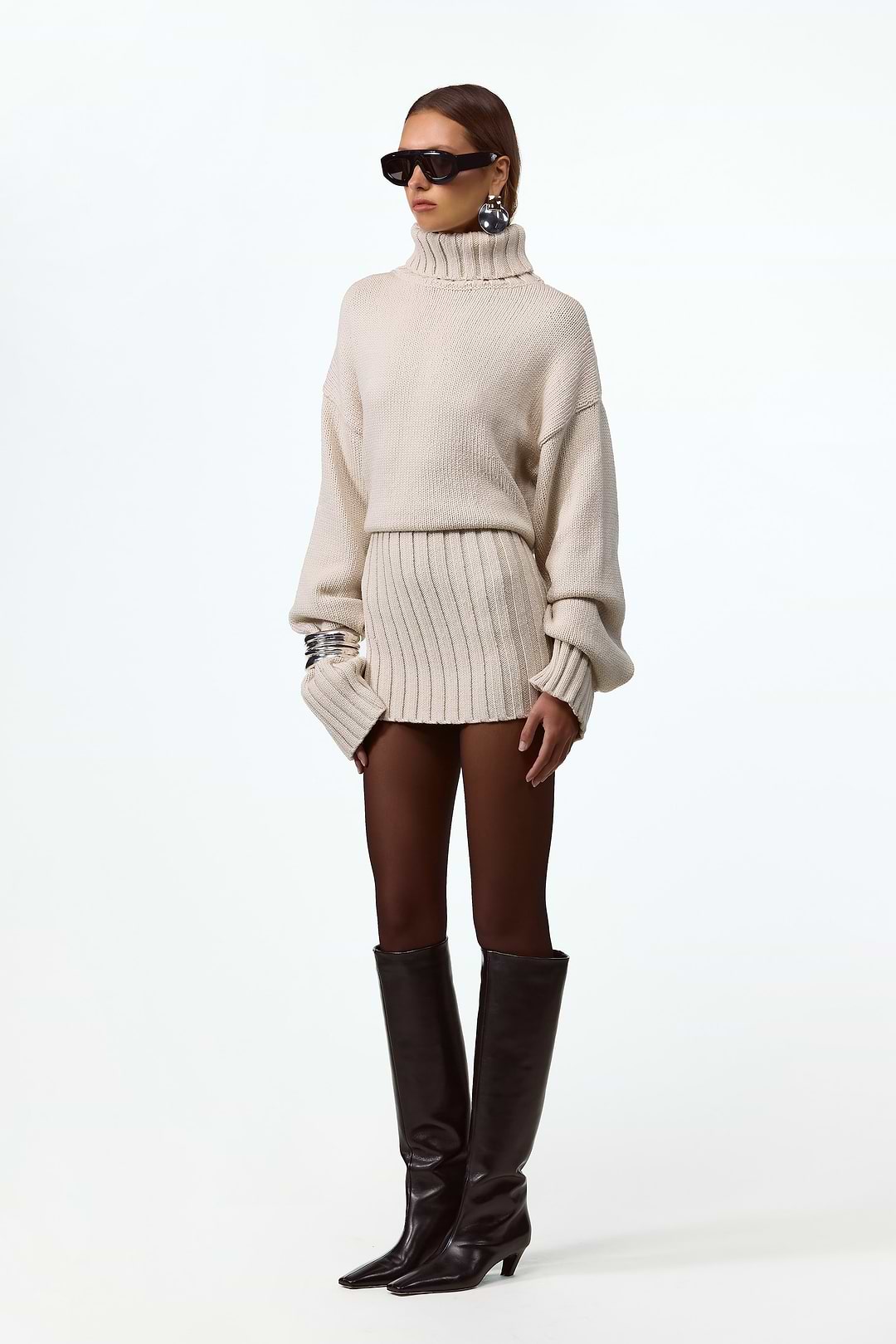 taupe knit dress Women's Taupe Knit Turtleneck Midi Sweater Dress Medium
