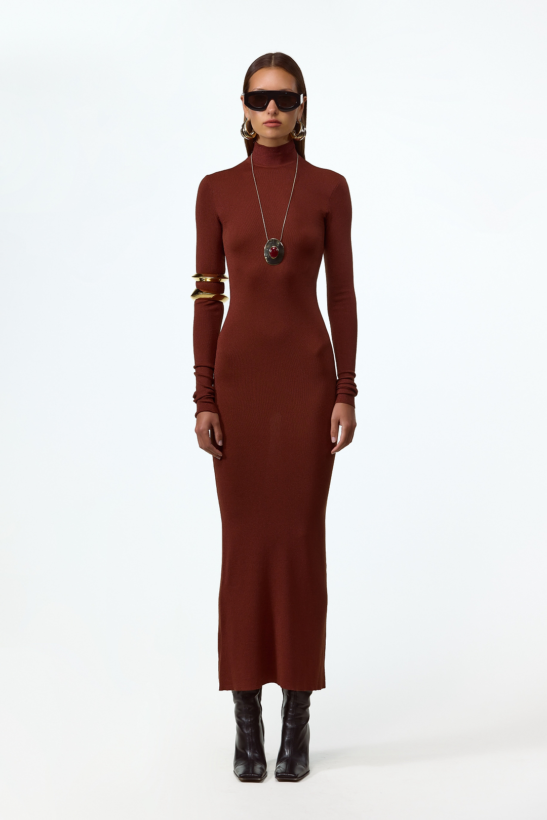 Shimmer Mockneck Dress (Rust)
