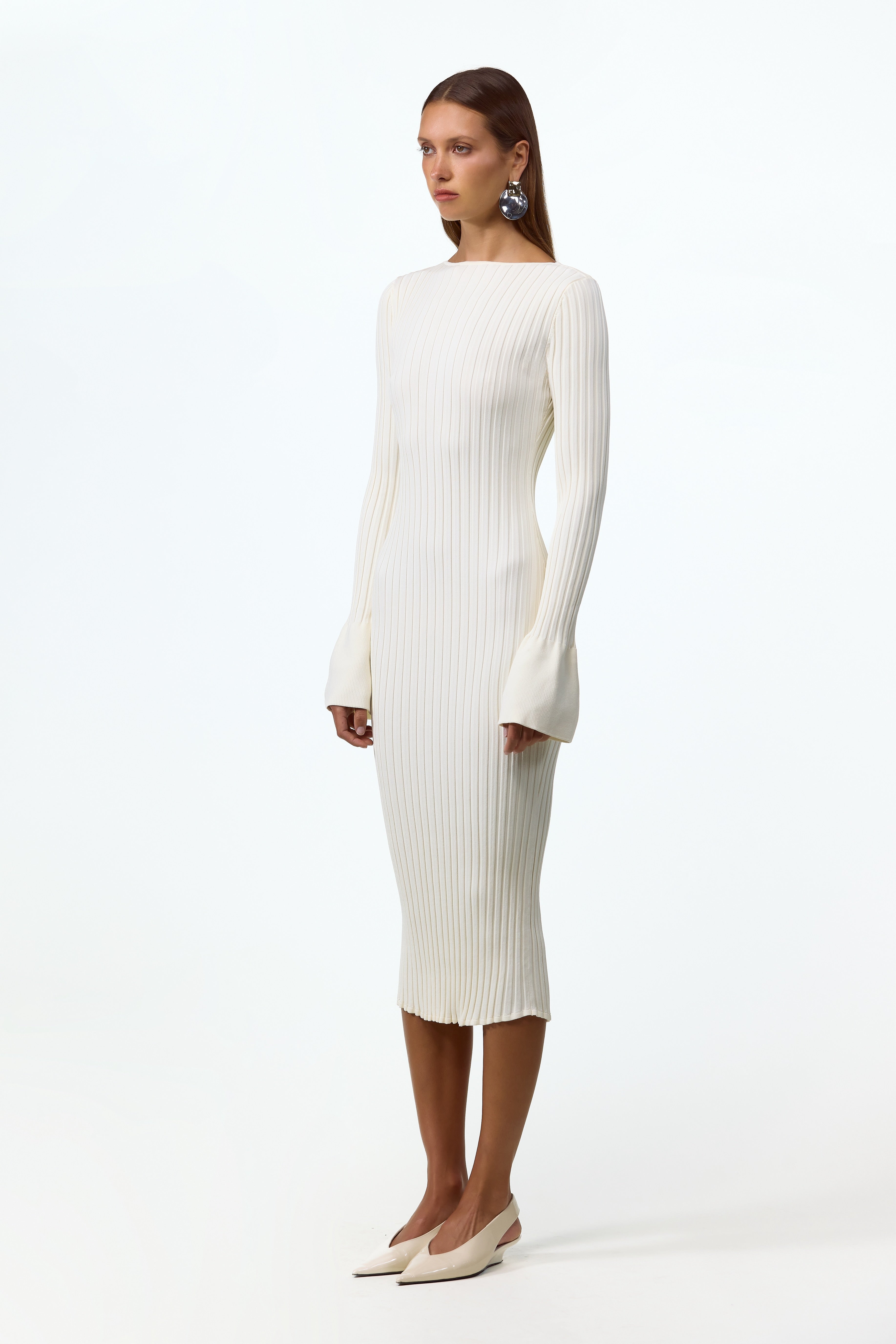 SAME | Cuffed Ribbed Knit Dress | Cream | Women's Knit Midi Dress