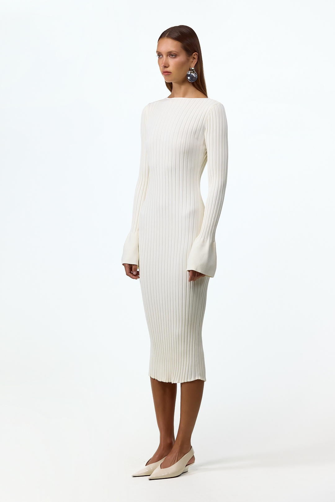 Cuffed Ribbed Knit Dress (Cream)