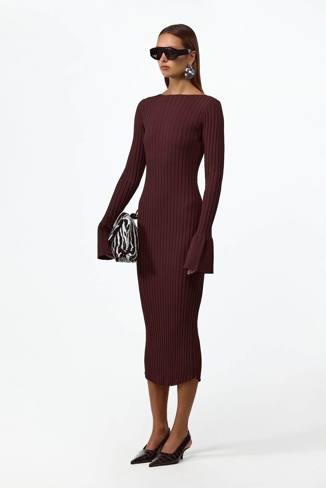 SAME | Cuffed Ribbed Knit Dress | Brown | Women's Knit Midi Dress S / Chocolate Brown SAME | Cuffed Ribbed Knit Dress | Brown | Women's Knit Midi Dress S / Chocolate Brown