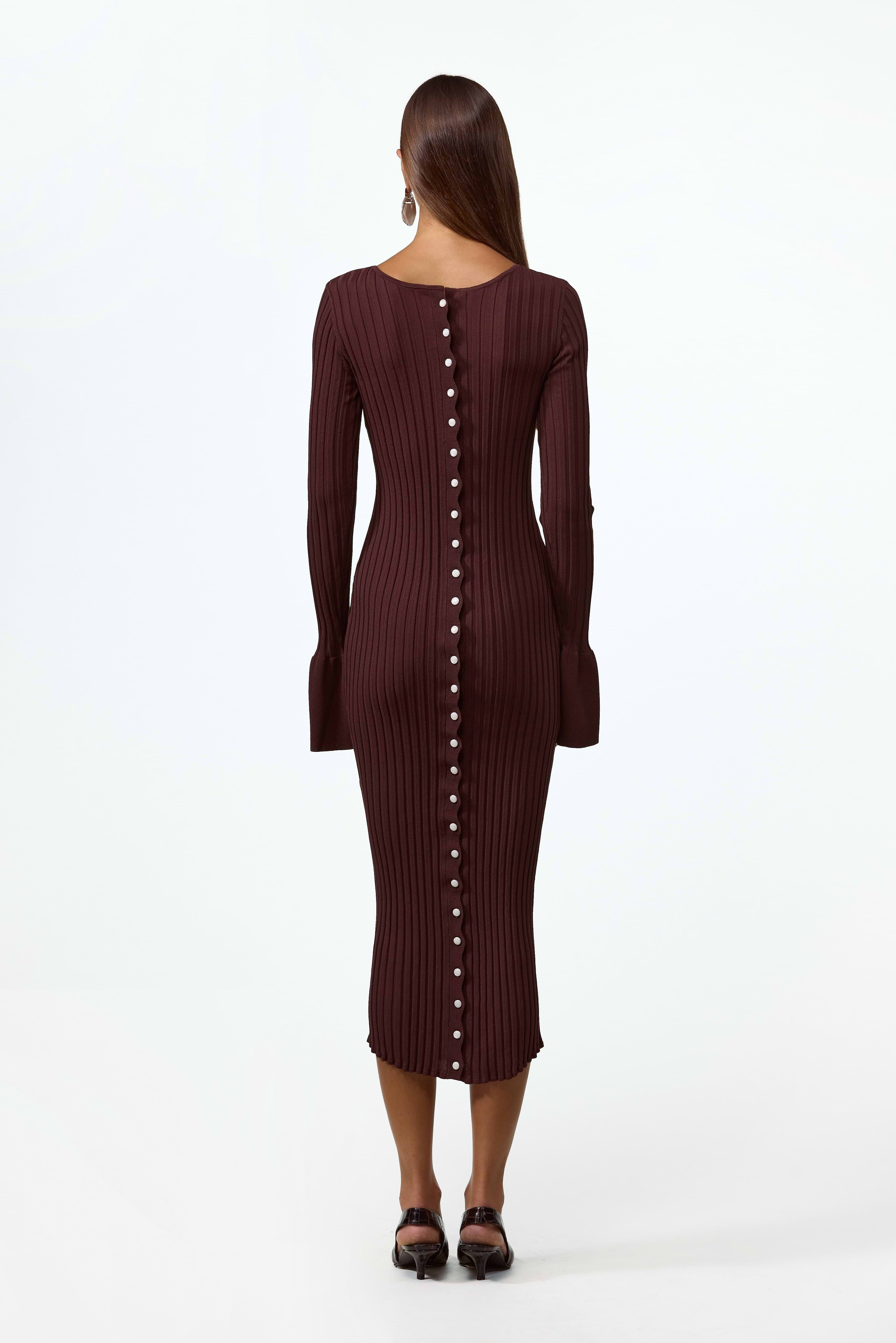 SAME | Cuffed Ribbed Knit Dress | Brown | Women's Knit Midi Dress