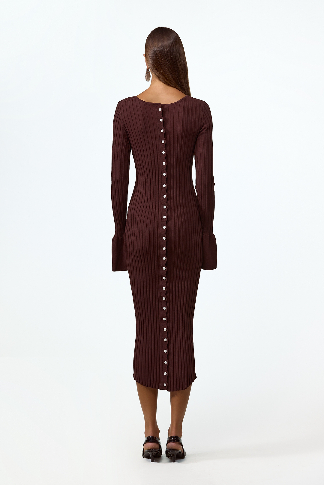 Cuffed Ribbed Knit Dress (Chocolate Brown)