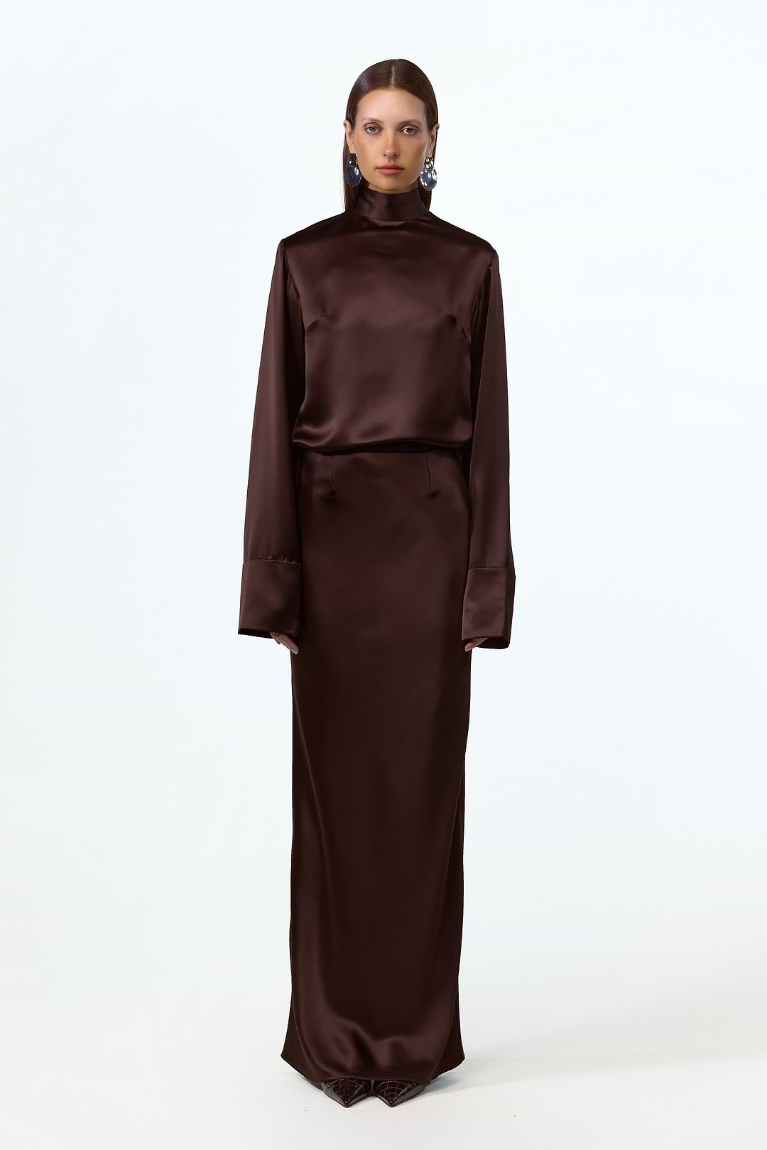 SAME | SATIN LONG Sleeve BLOUSE | Chocolate Brown | Women's LONG Sleeve Top M / Chocolate Brown SAME | SATIN LONG Sleeve BLOUSE | Chocolate Brown | Women's LONG Sleeve Top M / Chocolate Brown