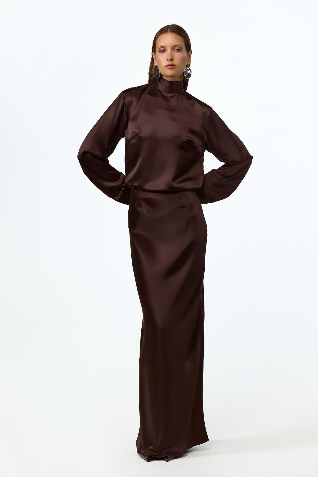 SAME | SATIN MAXI SKIRT | Chocolate Brown | Women's Long Sleeve Top SAME | SATIN MAXI SKIRT | Chocolate Brown | Women's Long Sleeve Top