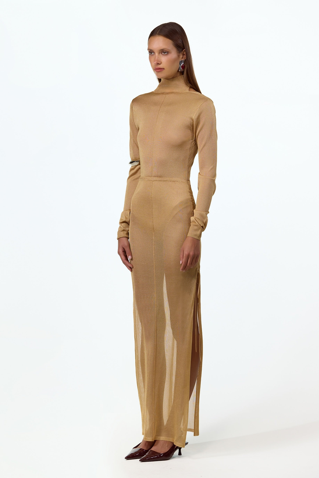 Ruched Knit Maxi Skirt (Gold)