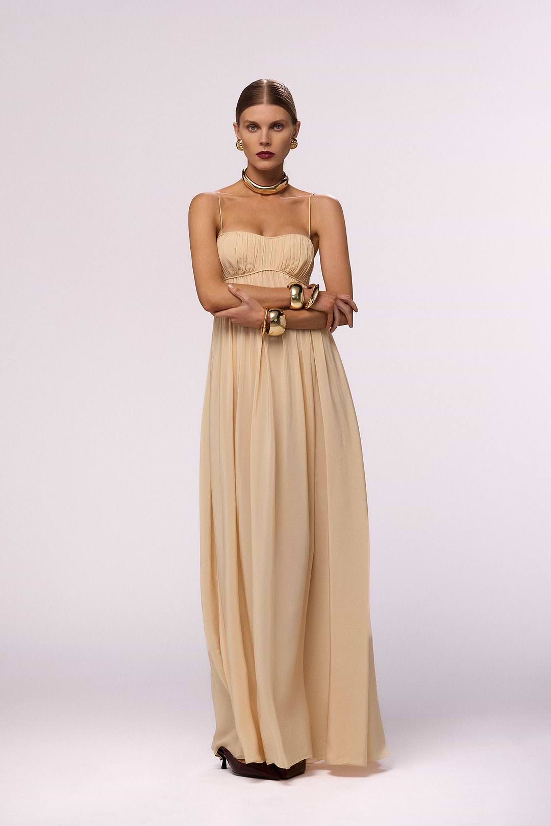 Same Ruched Chiffon Dress | Gold | Women's Maxi Dress L / Gold Same Ruched Chiffon Dress | Gold | Women's Maxi Dress L / Gold