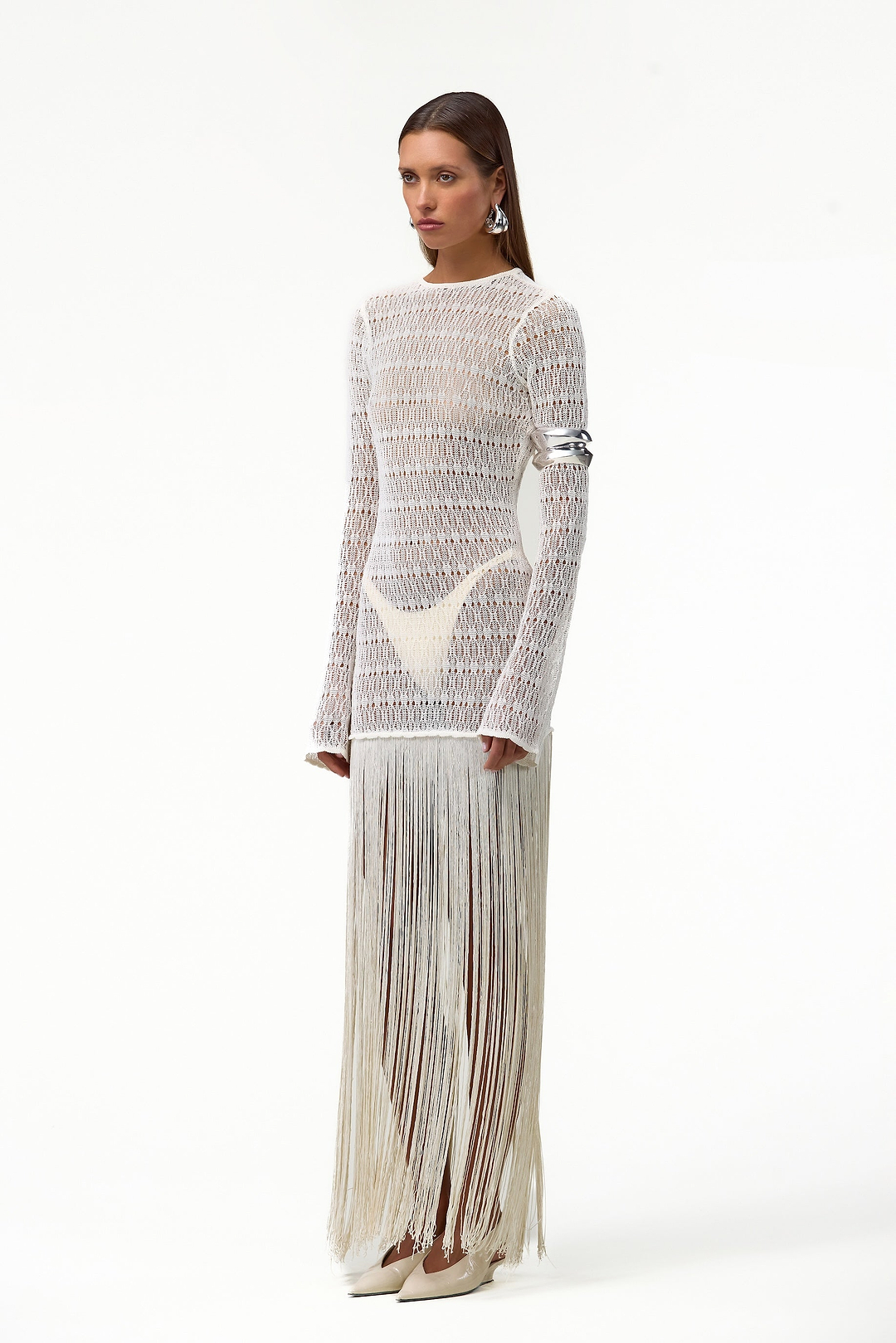 Long Sleeve Fringe Knit Maxi Dress (Cream)