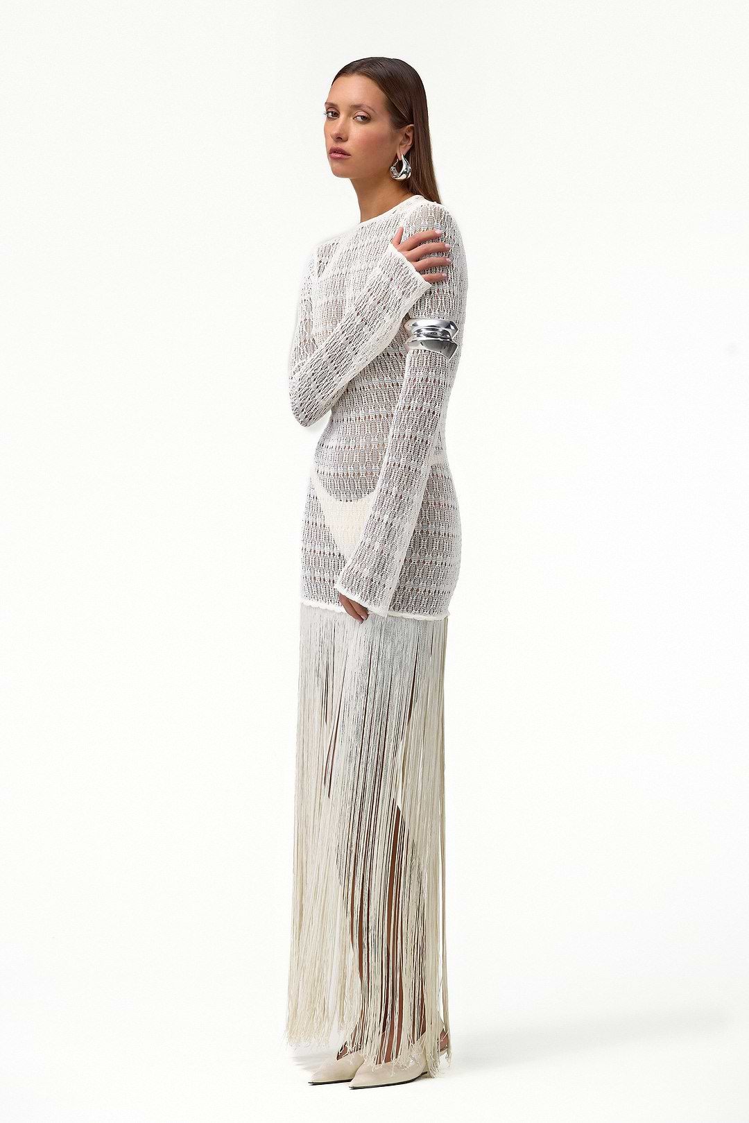 SAME Long Sleeve Fringe Knit Maxi Dress | Cream | Women's Dress S / Cream SAME Long Sleeve Fringe Knit Maxi Dress | Cream | Women's Dress S / Cream