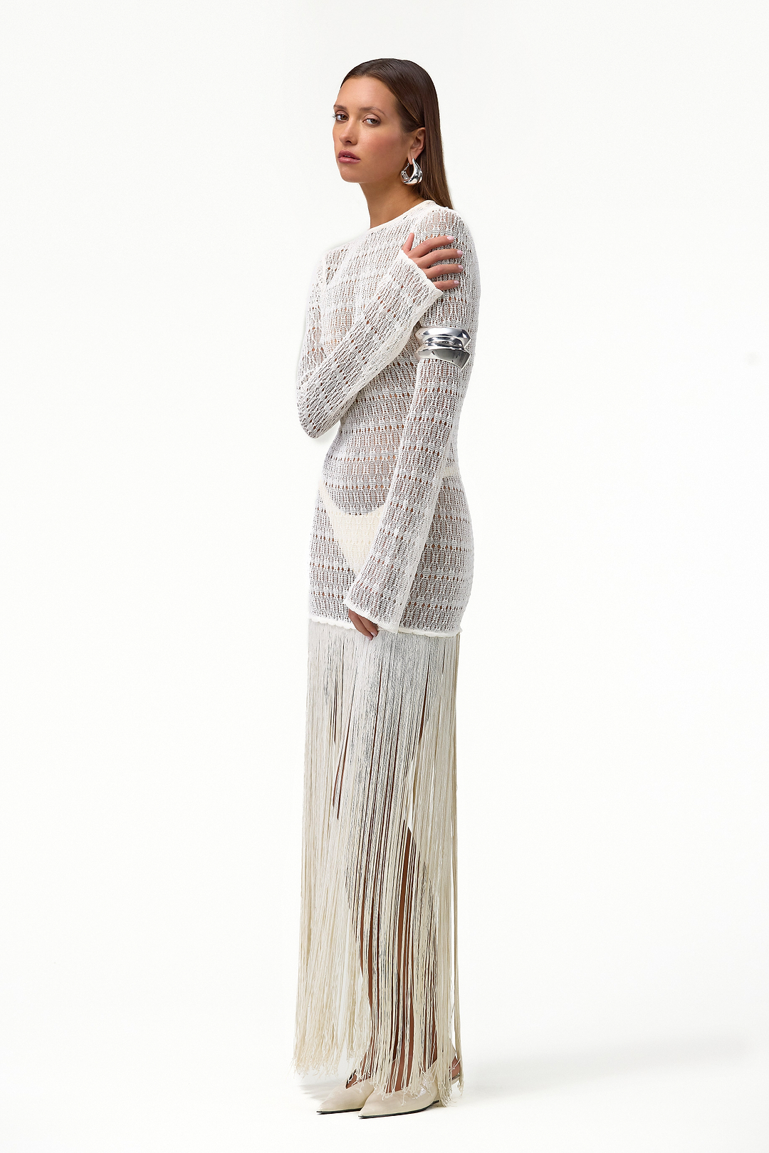 Long Sleeve Fringe Knit Maxi Dress (Cream)