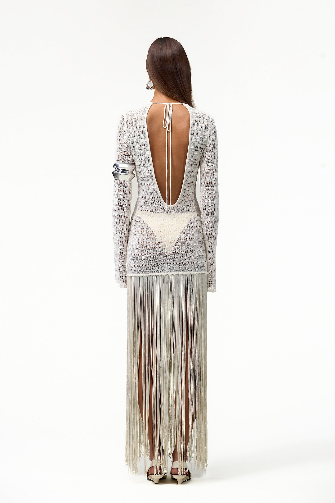 Long Sleeve Fringe Knit Maxi Dress (Cream)