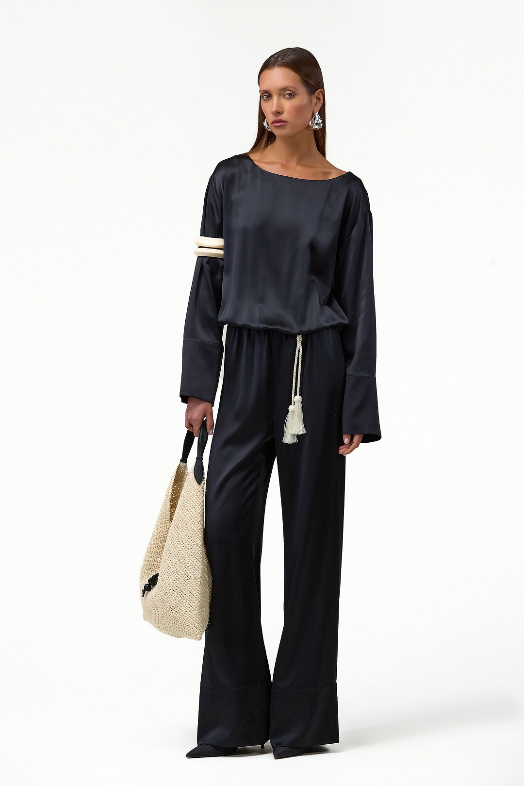 Long Sleeve Silk Jumpsuit (Black)