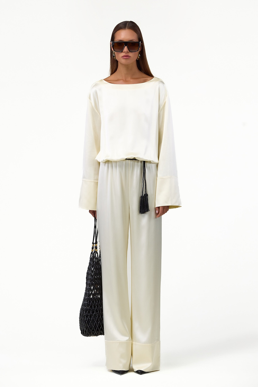 Long Sleeve Silk Jumpsuit (Cream)