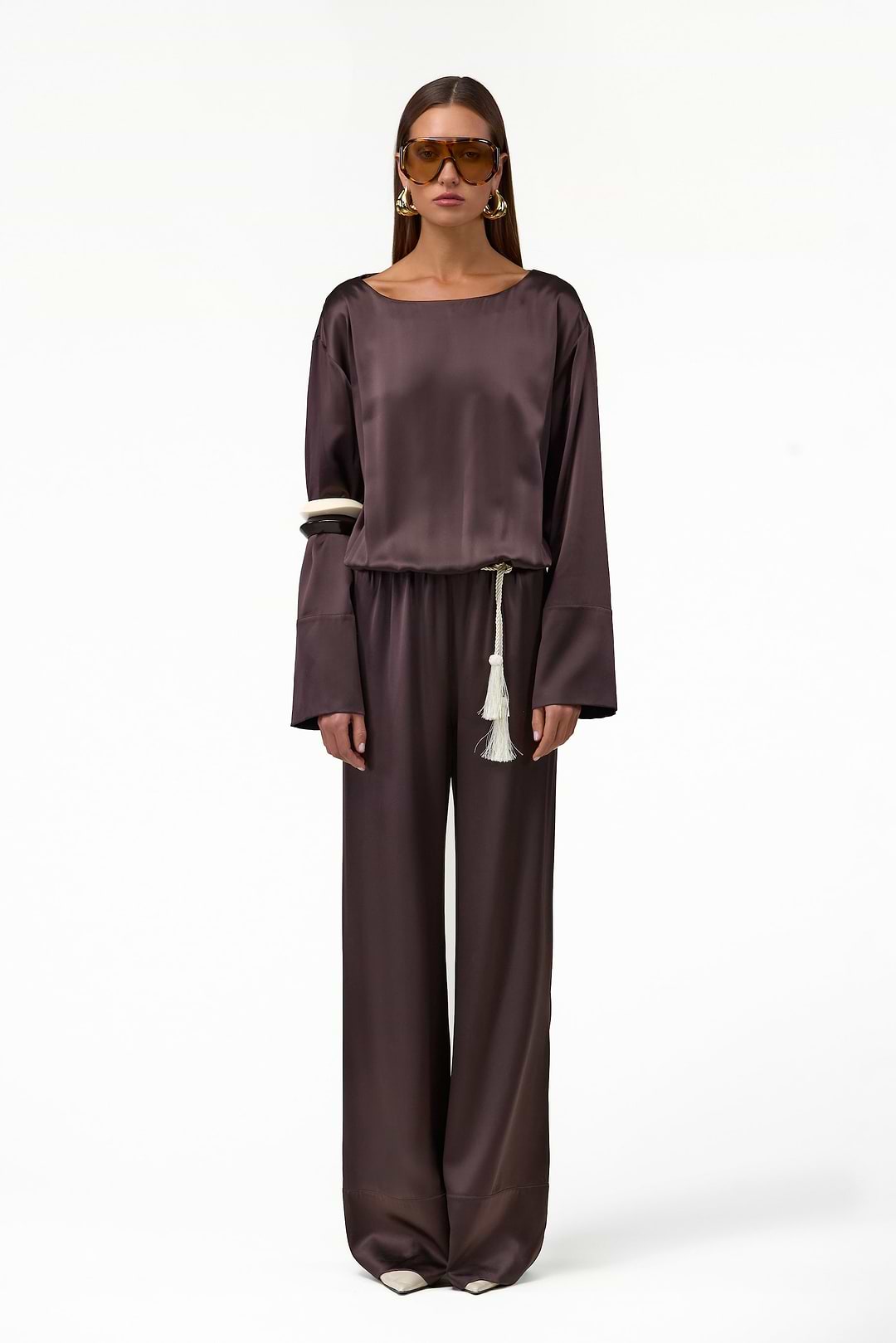 Long Sleeve Silk Jumpsuit (Chocolate Brown)