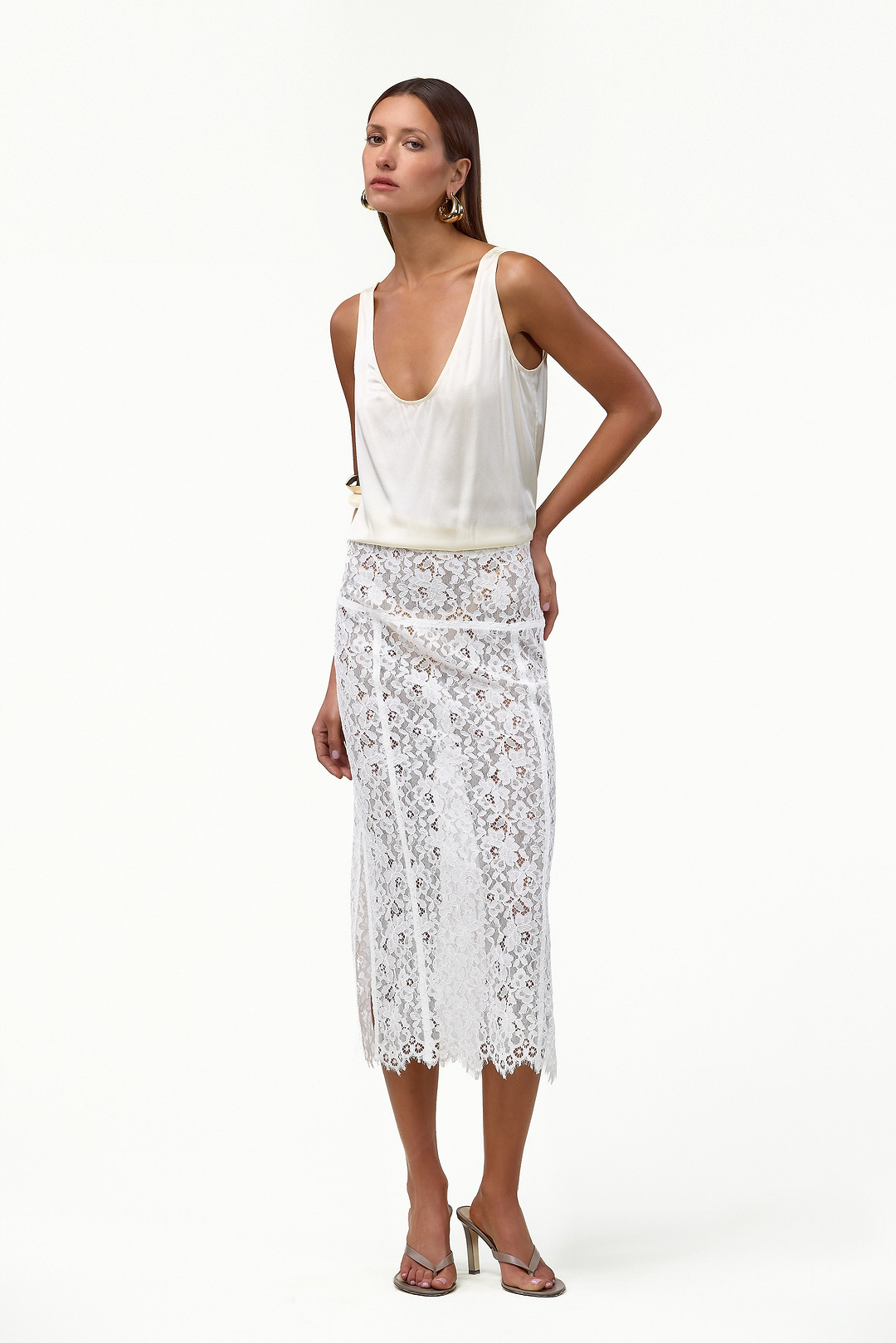Lace Midi Skirt (White)