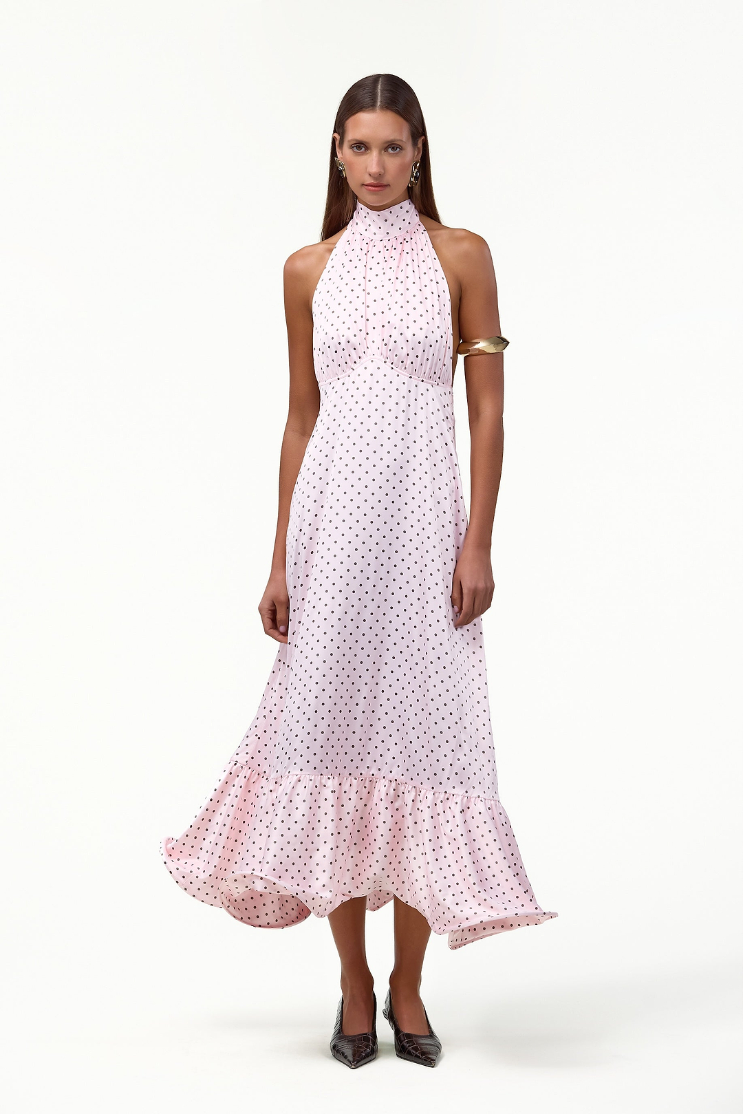 Halter Flounce Midi Dress (Pink Polka Dot)