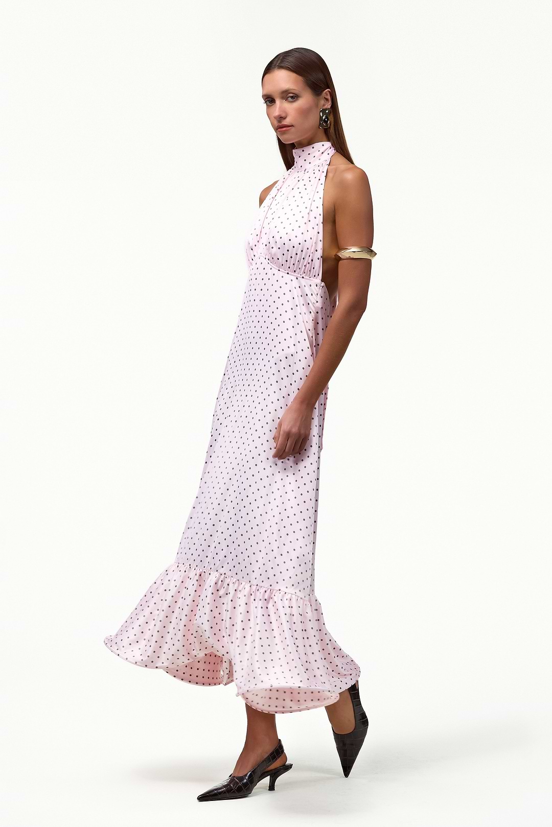 SAME Halter Flounce Midi Dress | Pale Pink Polka Dot