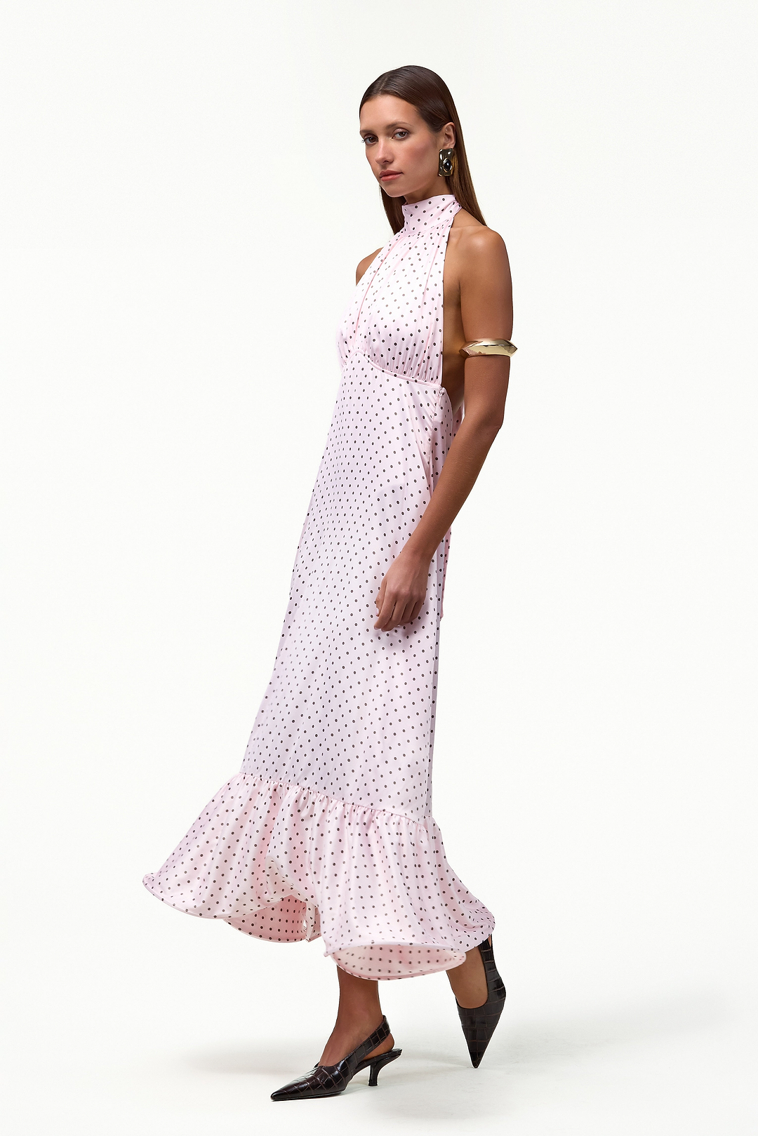 Halter Flounce Midi Dress (Pink Polka Dot)