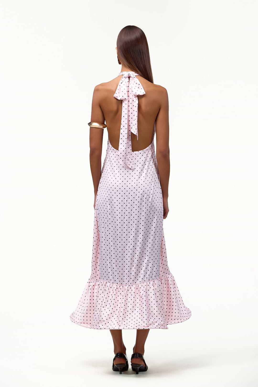 SAME Halter Flounce Midi Dress | Pale Pink Polka Dot
