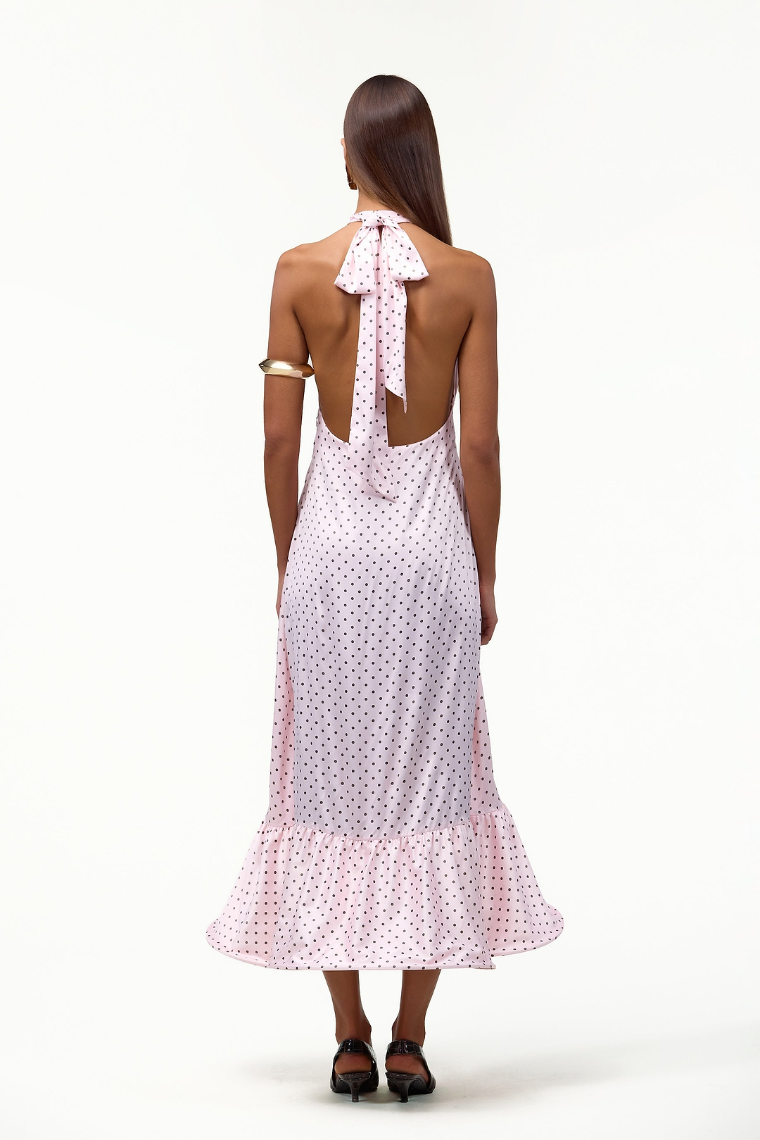 Halter Flounce Midi Dress (Pink Polka Dot)