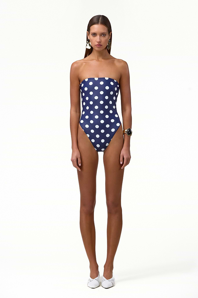 Strapless One Piece (Navy White Polka Dot)