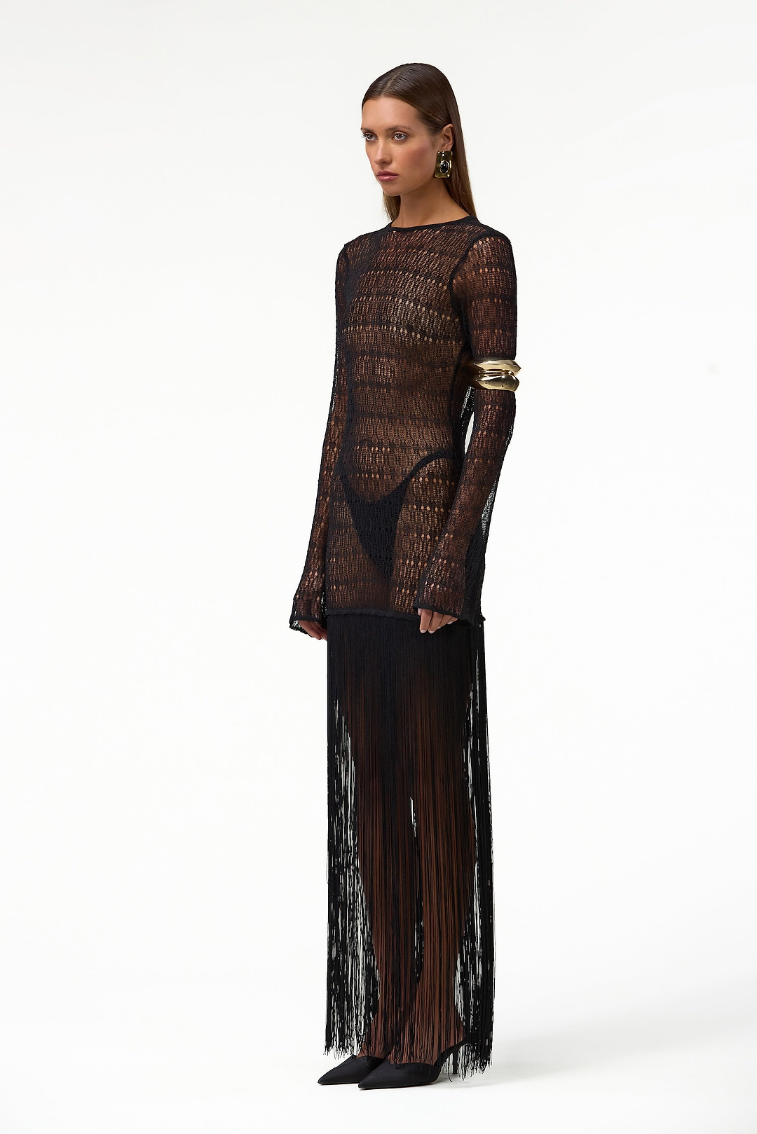 Long Sleeve Fringe Knit Maxi Dress (Black)