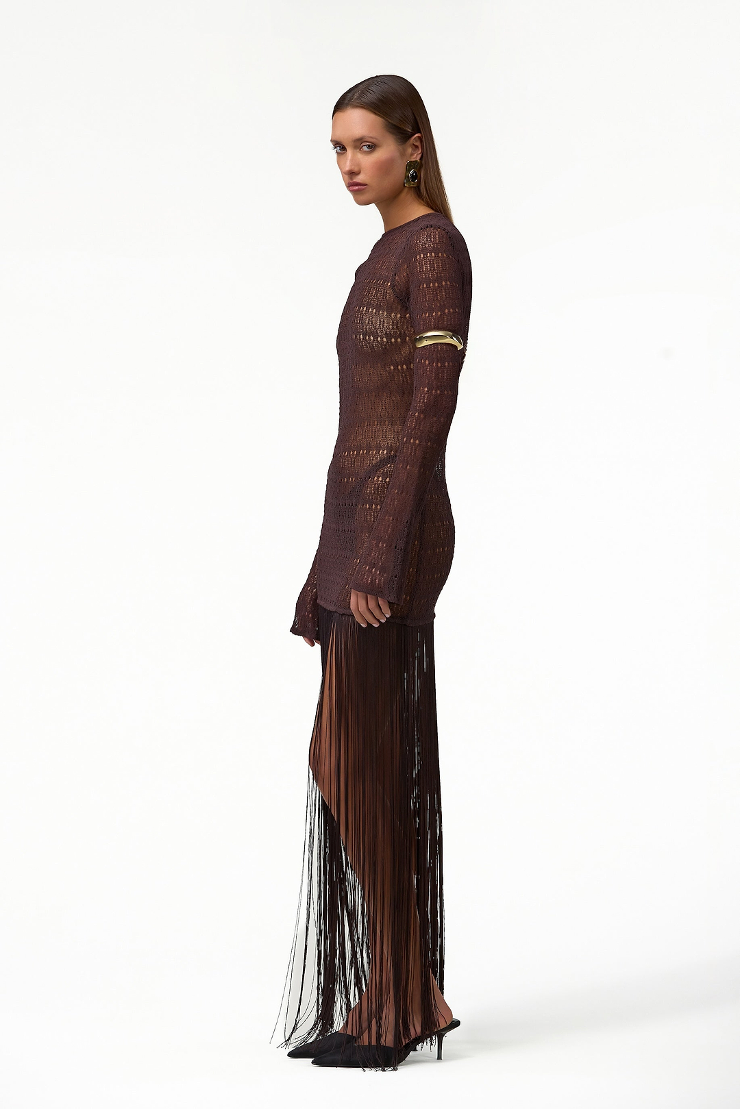 Long Sleeve Fringe Knit Maxi Dress (Chocolate Brown)