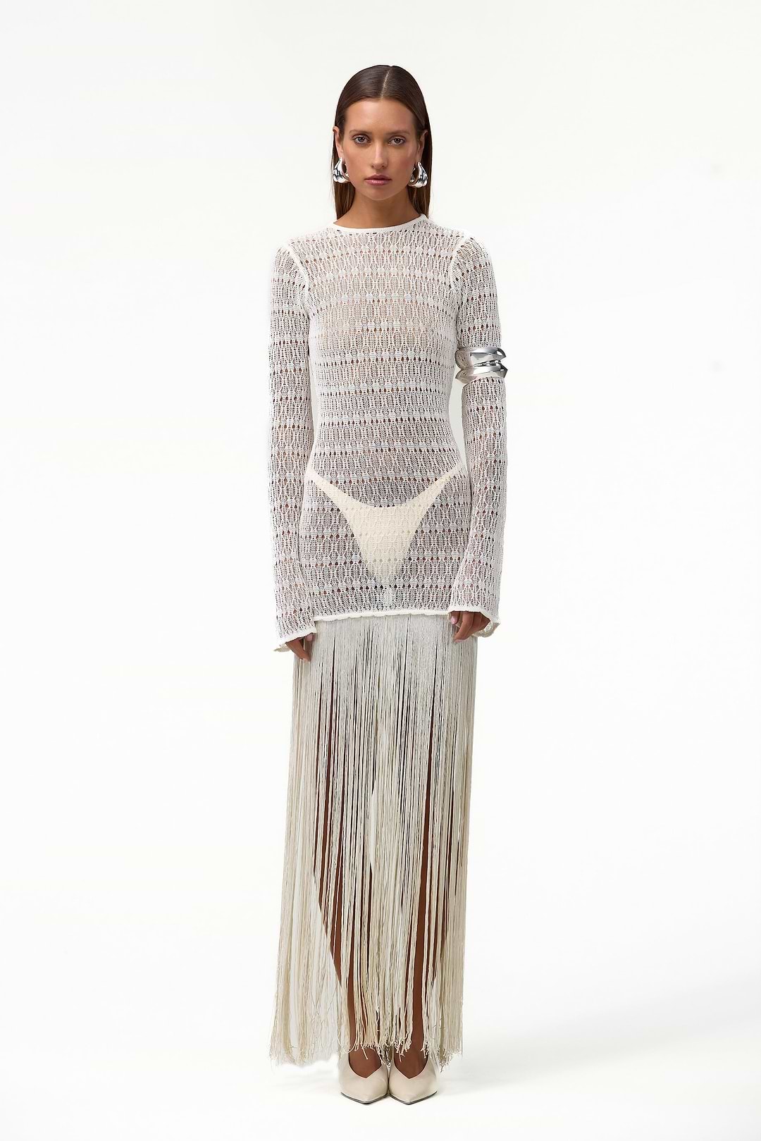 Long Sleeve Fringe Knit Maxi Dress (Cream)
