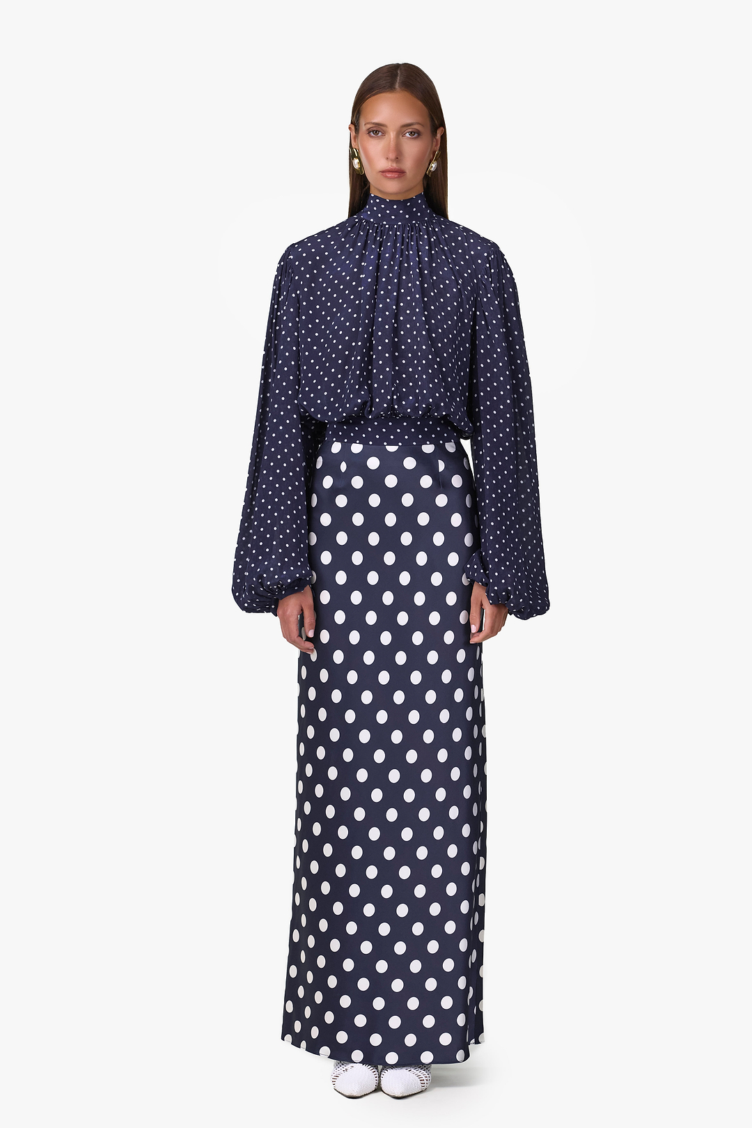 Draped Sleeve Chiffon Top (Navy Cream Polka Dot)