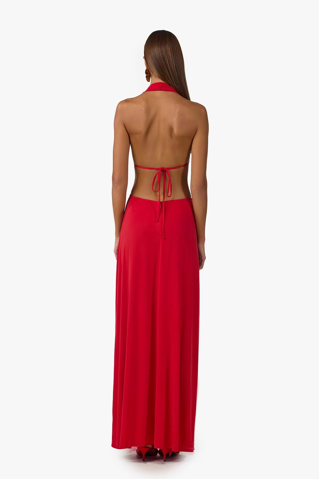 red plunge neck maxi dress Amedeo Plunge Halter Neck Maxi Dress