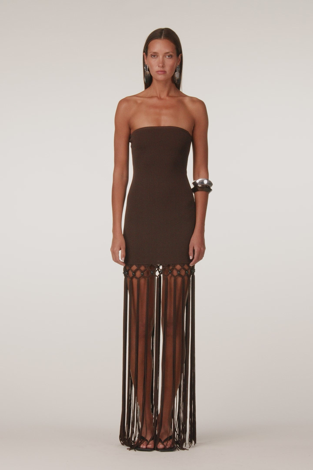 Strapless Beaded Fringe Dress (Chocolate Brown)