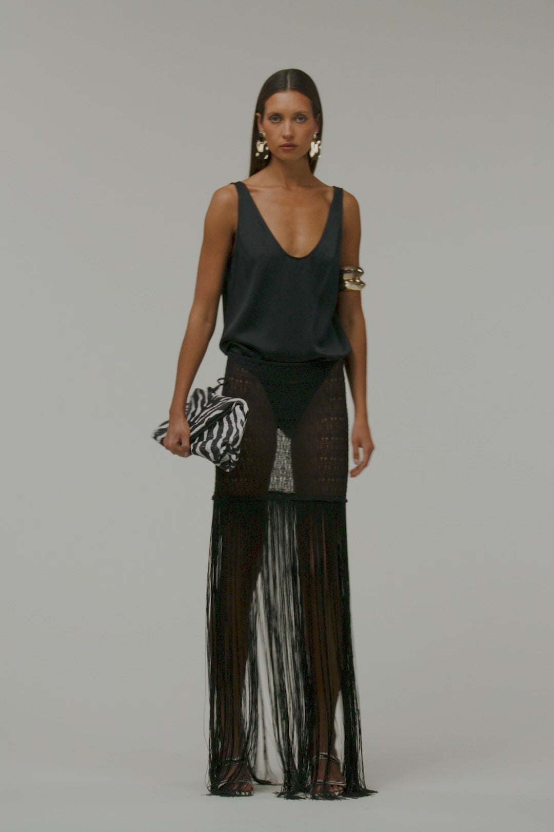 Fringe Knit Maxi Skirt (Black)