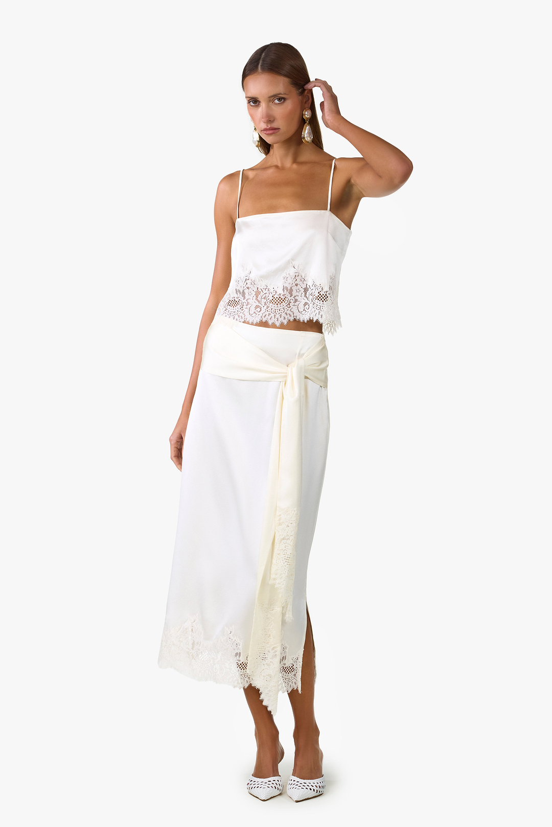 Lace Silk Midi Skirt (Cream)